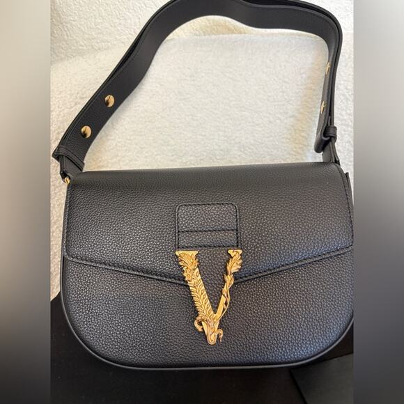 Versace Virtus Black Leather Shoulder Crossbody Bag NWT - Picture 3 of 12